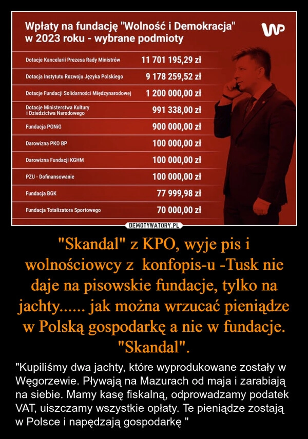 
    "Skandal" z KPO, wyje pis i wolnościowcy z  konfopis-u -Tusk nie daje na pisowskie fundacje, tylko na jachty...... jak można wrzucać pieniądze w Polską gospodarkę a nie w fundacje. "Skandal".