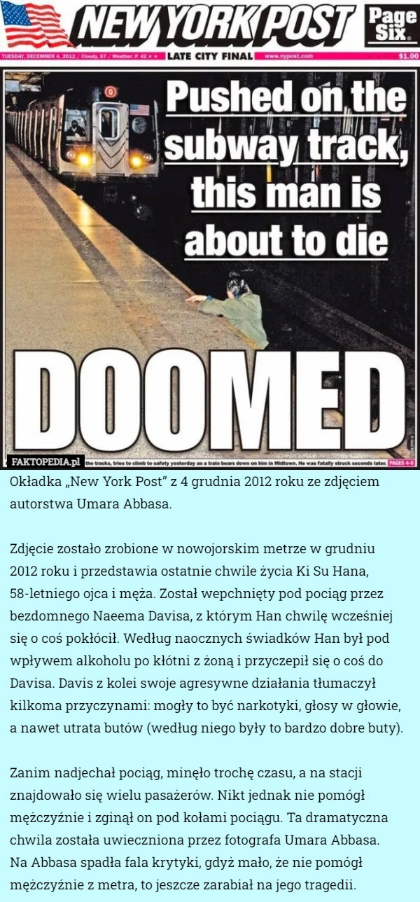 
    Okładka „New York Post” z 4 grudnia 2012 roku ze zdjęciem autorstwa Umara...