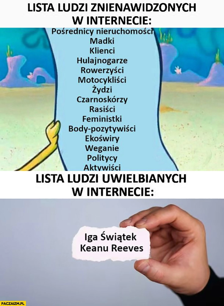 
    Lista ludzi znienawidzonych w internecie vs lista ludzi uwielbianych Iga Światek Keanu Reeves