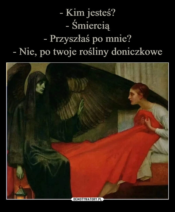 
    - Kim jesteś?
- Śmiercią
- Przyszłaś po mnie?
- Nie, po twoje rośliny doniczkowe