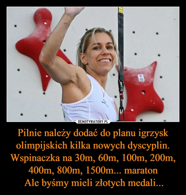 
    Pilnie należy dodać do planu igrzysk olimpijskich kilka nowych dyscyplin. Wspinaczka na 30m, 60m, 100m, 200m, 400m, 800m, 1500m... maraton
 Ale byśmy mieli złotych medali...