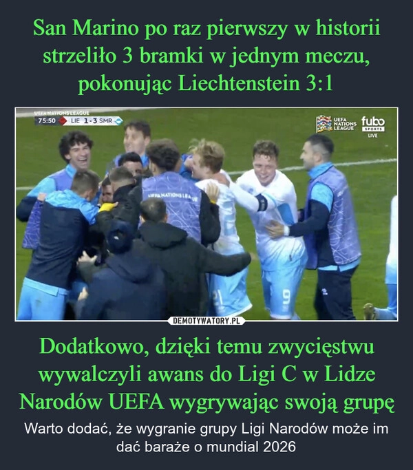 
    San Marino po raz pierwszy w historii strzeliło 3 bramki w jednym meczu, pokonując Liechtenstein 3:1 Dodatkowo, dzięki temu zwycięstwu wywalczyli awans do Ligi C w Lidze Narodów UEFA wygrywając swoją grupę