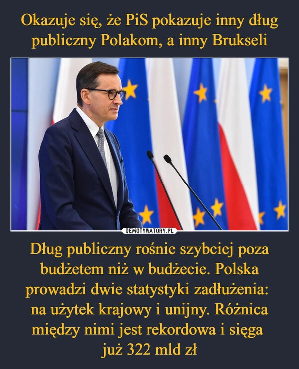 
    Okazuje się, że PiS pokazuje inny dług publiczny Polakom, a inny Brukseli Dług publiczny rośnie szybciej poza budżetem niż w budżecie. Polska prowadzi dwie statystyki zadłużenia: 
na użytek krajowy i unijny. Różnica między nimi jest rekordowa i sięga 
już 322 mld zł