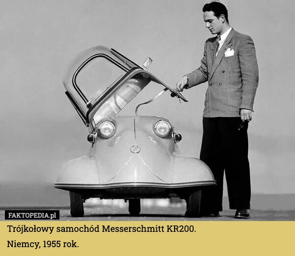 
    Trójkołowy samochód Messerschmitt KR200.
Niemcy, 1955 rok.