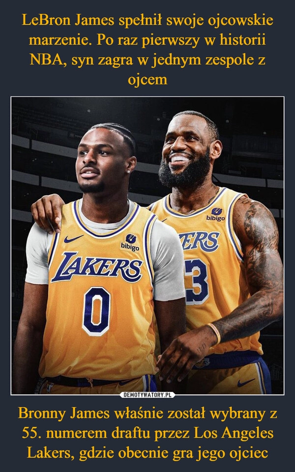 
    LeBron James spełnił swoje ojcowskie marzenie. Po raz pierwszy w historii NBA, syn zagra w jednym zespole z ojcem Bronny James właśnie został wybrany z 55. numerem draftu przez Los Angeles Lakers, gdzie obecnie gra jego ojciec