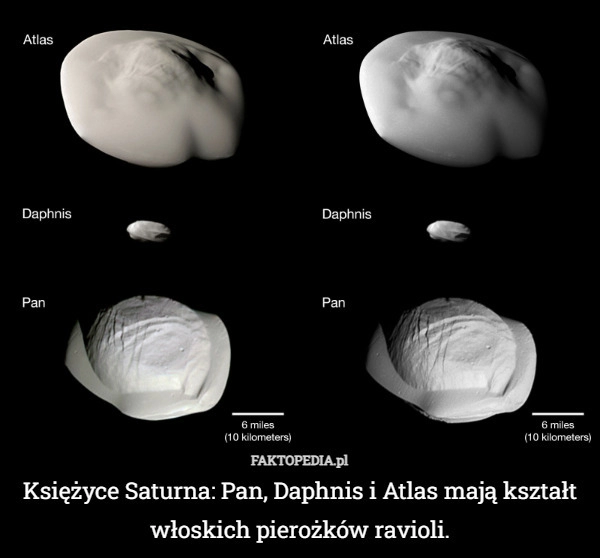 
    Księżyce Saturna: Pan, Daphnis i Atlas mają kształt włoskich pierożków ravioli.