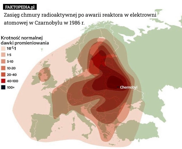 
    Zasięg chmury radioaktywnej po awarii reaktora w elektrowni atomowej w Czarnobylu