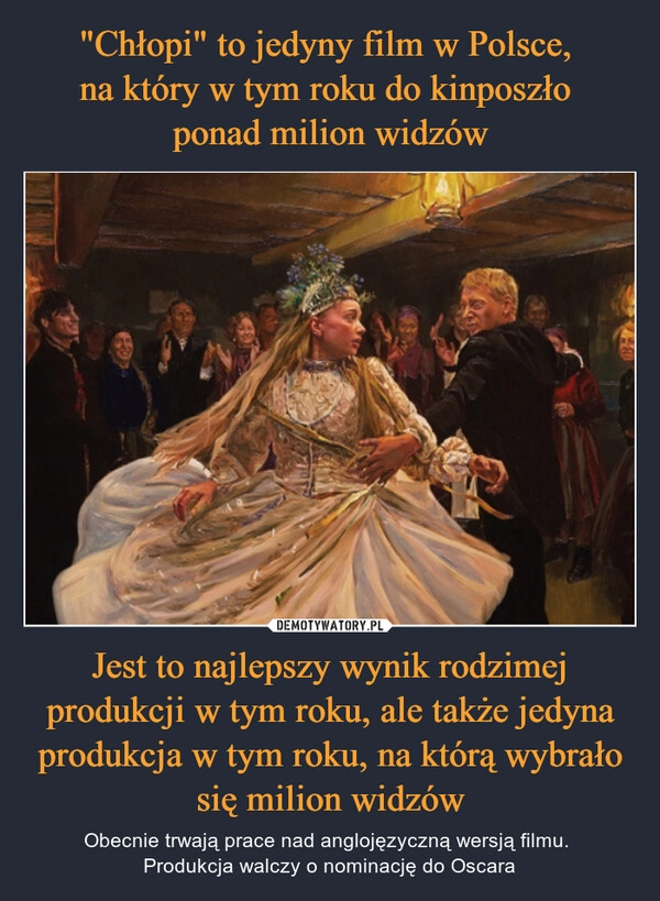 
    "Chłopi" to jedyny film w Polsce, 
na który w tym roku do kinposzło 
ponad milion widzów Jest to najlepszy wynik rodzimej produkcji w tym roku, ale także jedyna produkcja w tym roku, na którą wybrało się milion widzów