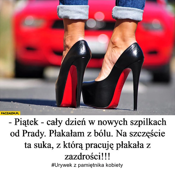 
    Cały dzień w nowych szpilkach płakałam z bólu, na szczęście ta suka, z którą pracuję płakała z zazdrości typowa kobieta