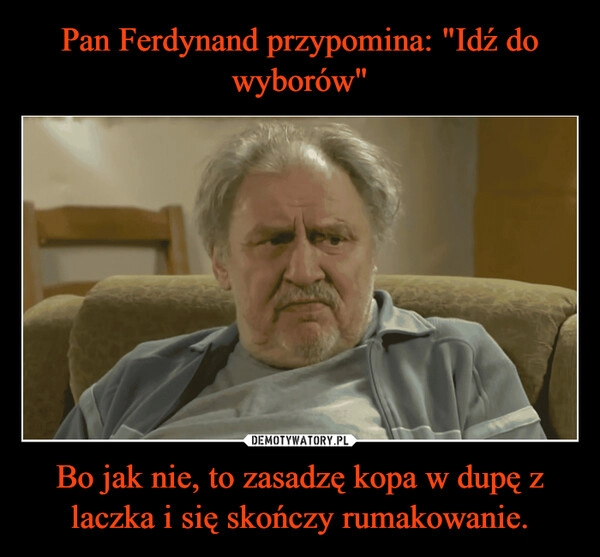 
    Pan Ferdynand przypomina: "Idź do wyborów" Bo jak nie, to zasadzę kopa w dupę z laczka i się skończy rumakowanie.