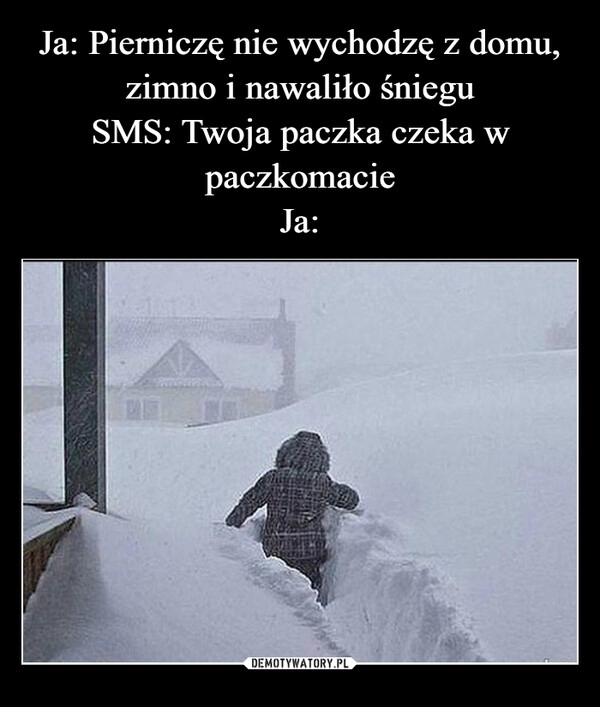 
    Ja: Pierniczę nie wychodzę z domu, zimno i nawaliło śniegu
SMS: Twoja paczka czeka w paczkomacie
Ja: