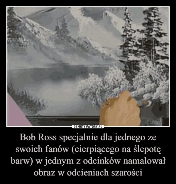 
    Bob Ross specjalnie dla jednego ze swoich fanów (cierpiącego na ślepotę barw) w jednym z odcinków namalował obraz w odcieniach szarości