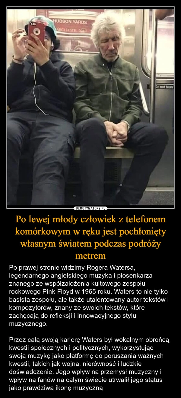 
    Po lewej młody człowiek z telefonem komórkowym w ręku jest pochłonięty własnym światem podczas podróży metrem