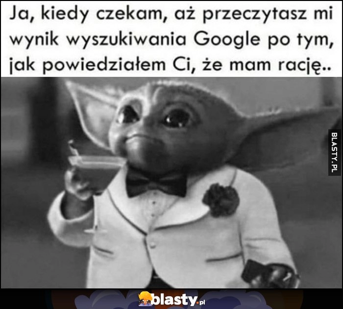 
    Ja kiedy czekam, aż przeczytasz mi wynik wyszukiwania Google, po tym jak powiedziałem Ci, że mam rację baby Yoda