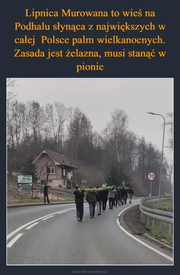 
    Lipnica Murowana to wieś na Podhalu słynąca z największych w całej Polsce palm wielkanocnych. Zasada jest żelazna, musi stanąć w pionie