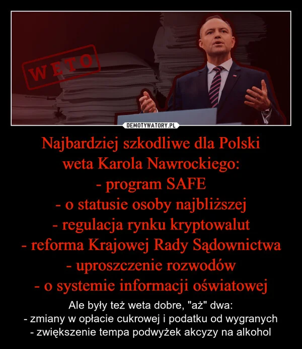 
    Najbardziej szkodliwe dla Polski weta Karola Nawrockiego: - program SAFE - o statusie osoby najbliższej - regulacja rynku kryptowalut - reforma Krajowej Rady Sądownictwa - uproszczenie rozwodów - o systemie informacji oświatowej