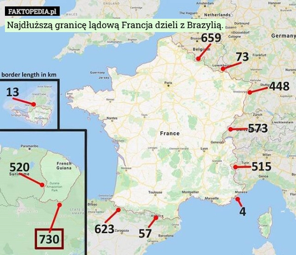 
    Najdłuższą granicę lądową Francja dzieli z Brazylią.
