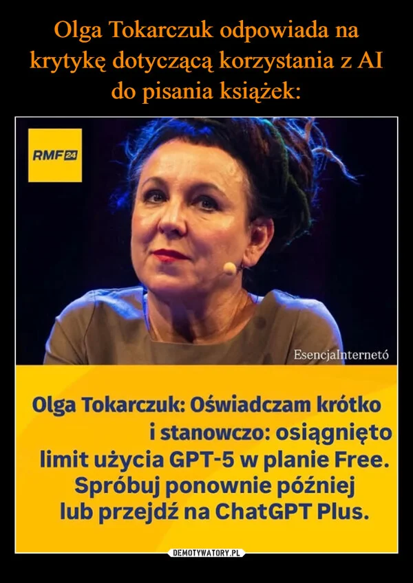 
    Olga Tokarczuk odpowiada na krytykę dotyczącą korzystania z AI do pisania książek: