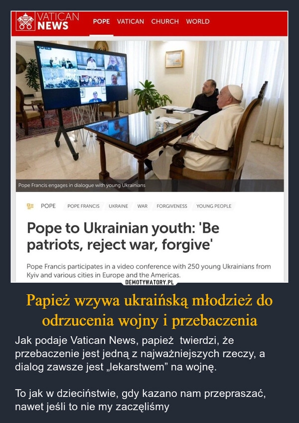 
    Papież wzywa ukraińską młodzież do odrzucenia wojny i przebaczenia