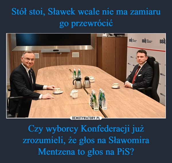 
    Stół stoi, Sławek wcale nie ma zamiaru go przewrócić Czy wyborcy Konfederacji już zrozumieli, że głos na Sławomira Mentzena to głos na PiS?