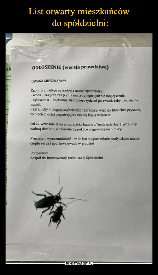 
    List otwarty mieszkańców do spółdzielni: