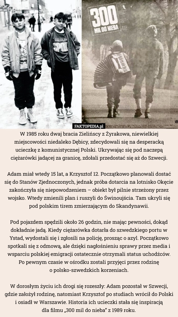 
    W 1985 roku dwaj bracia Zielińscy z Żyrakowa, niewielkiej miejscowości niedaleko...