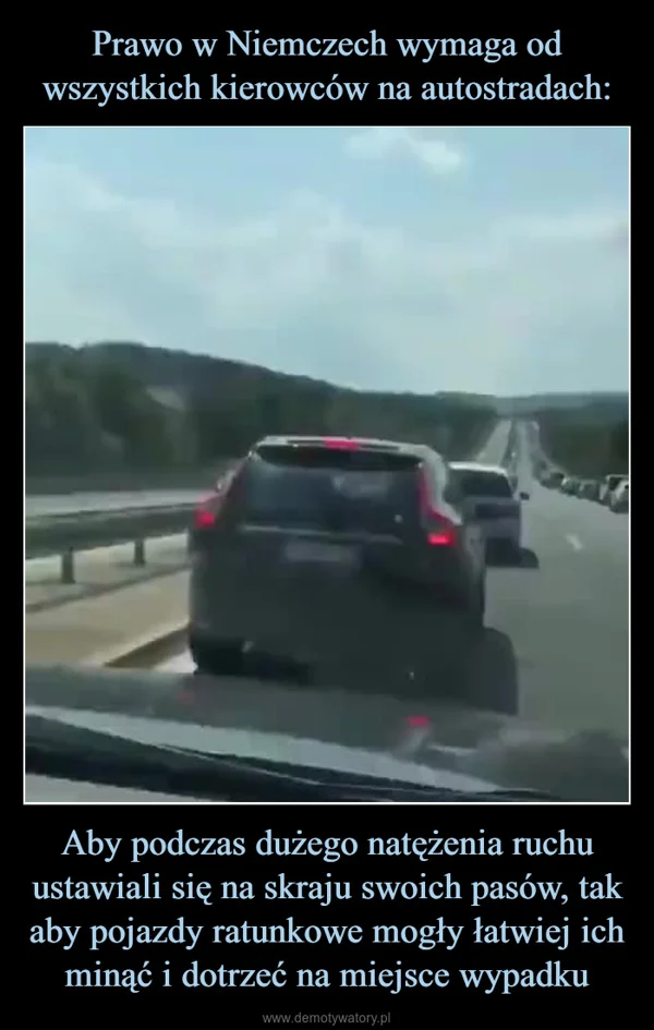 
    Prawo w Niemczech wymaga od wszystkich kierowców na autostradach: Aby podczas dużego natężenia ruchu ustawiali się na skraju swoich pasów, tak aby pojazdy ratunkowe mogły łatwiej ich minąć i dotrzeć na miejsce wypadku