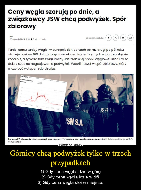 
    Górnicy chcą podwyżek tylko w trzech przypadkach