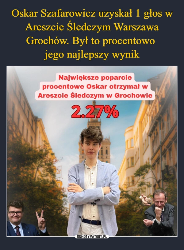 
    Oskar Szafarowicz uzyskał 1 głos w Areszcie Śledczym Warszawa Grochów. Był to procentowo 
jego najlepszy wynik