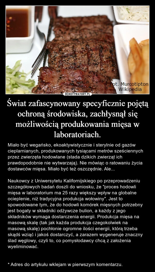 
    Świat zafascynowany specyficznie pojętą ochroną środowiska, zachłysnął się możliwością produkowania mięsa w laboratoriach.