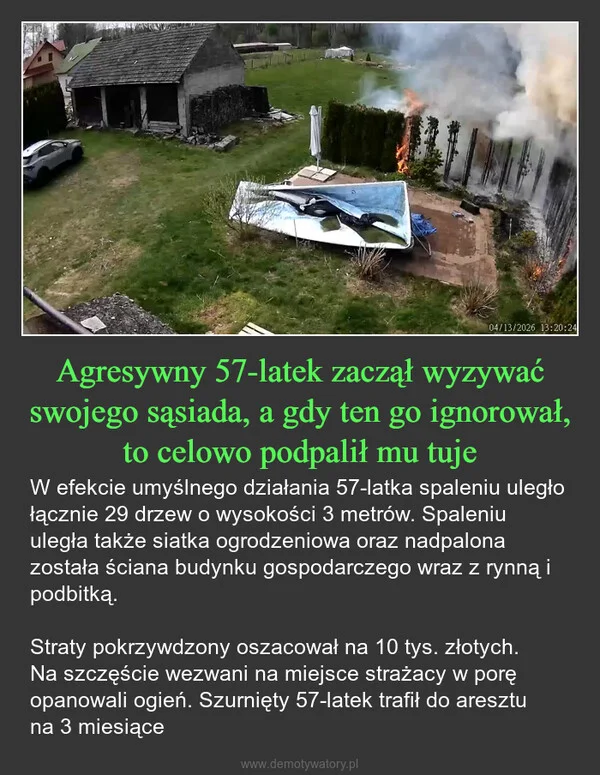 
    Agresywny 57-latek zaczął wyzywać swojego sąsiada, a gdy ten go ignorował, to celowo podpalił mu tuje