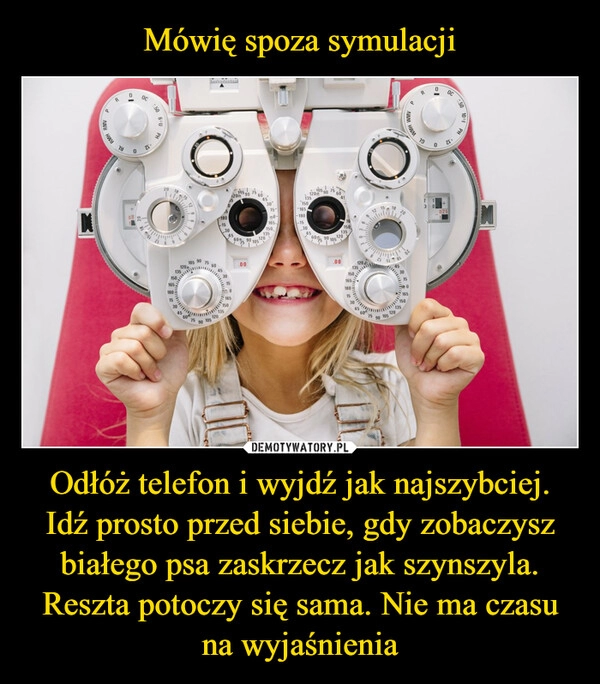 
    Mówię spoza symulacji Odłóż telefon i wyjdź jak najszybciej. Idź prosto przed siebie, gdy zobaczysz białego psa zaskrzecz jak szynszyla. Reszta potoczy się sama. Nie ma czasu na wyjaśnienia