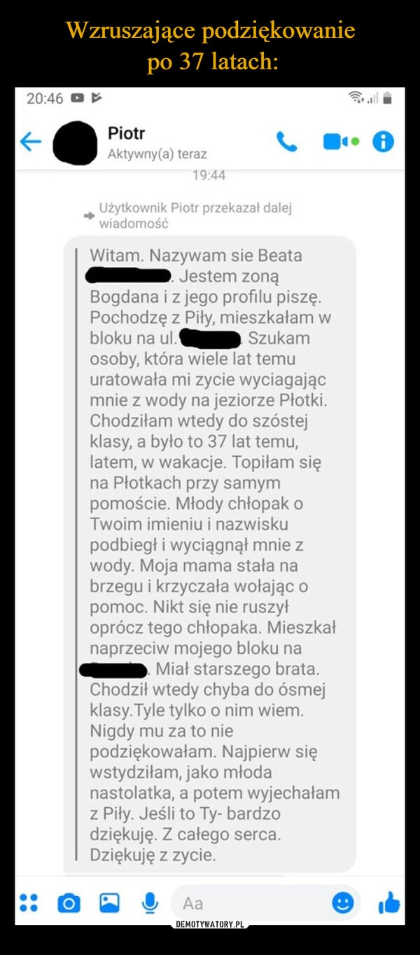 
    Wzruszające podziękowanie
 po 37 latach: