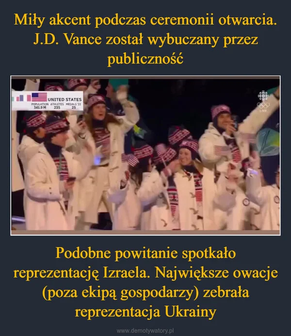 
    Miły akcent podczas ceremonii otwarcia. J.D. Vance został wybuczany przez publiczność Podobne powitanie spotkało reprezentację Izraela. Największe owacje (poza ekipą gospodarzy) zebrała reprezentacja Ukrainy