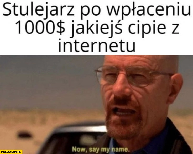 
    Stulejarz po wpłaceniu 1000 dolarów jakiejś lasce z internetu: now say my name Breaking Bad Walter White