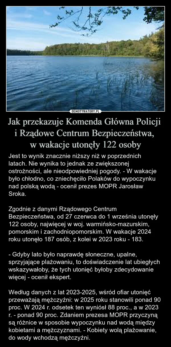 
    Jak przekazuje Komenda Główna Policji i Rządowe Centrum Bezpieczeństwa, w wakacje utonęły 122 osoby
