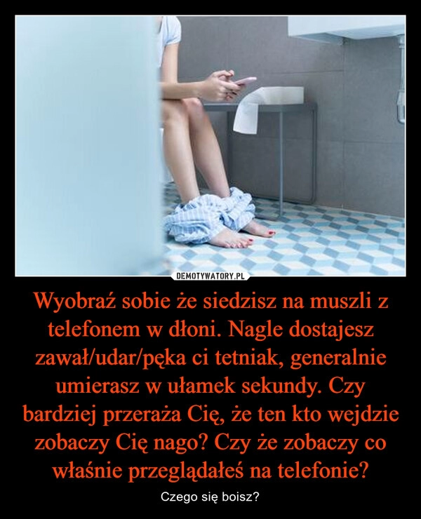 
    Wyobraź sobie że siedzisz na muszli z telefonem w dłoni. Nagle dostajesz zawał/udar/pęka ci tetniak, generalnie umierasz w ułamek sekundy. Czy bardziej przeraża Cię, że ten kto wejdzie zobaczy Cię nago? Czy że zobaczy co właśnie przeglądałeś na telefonie?