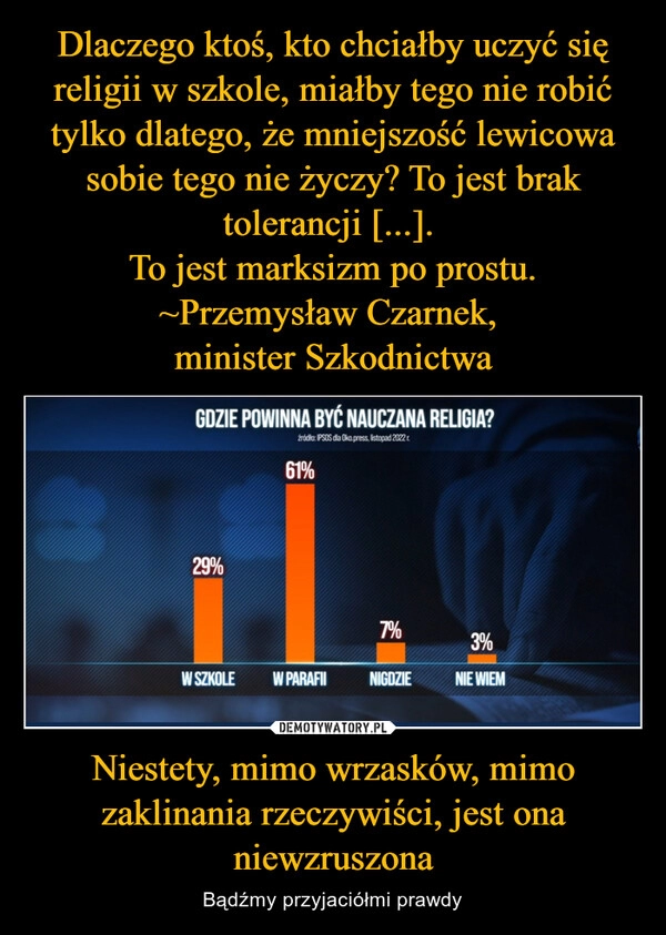 
    Dlaczego ktoś, kto chciałby uczyć się religii w szkole, miałby tego nie robić tylko dlatego, że mniejszość lewicowa sobie tego nie życzy? To jest brak tolerancji [...].
To jest marksizm po prostu.
~Przemysław Czarnek,
minister Szkodnictwa Niestety, mimo wrzasków, mimo zaklinania rzeczywiści, jest ona niewzruszona 