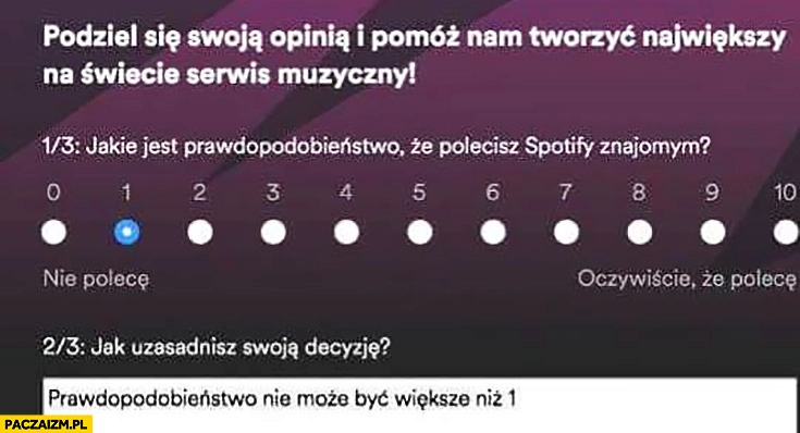 
    Jakie jest prawdopodobieństwo, że polecisz Spotify? 1 prawdopodobieństwo nie może być większe niż 1