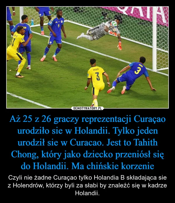 
    Aż 25 z 26 graczy reprezentacji Curaçao urodziło sie w Holandii. Tylko jeden urodził sie w Curacao. Jest to Tahith Chong, który jako dziecko przeniósł się do Holandii. Ma chińskie korzenie