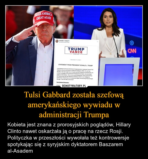 
    Tulsi Gabbard została szefową amerykańskiego wywiadu w administracji Trumpa