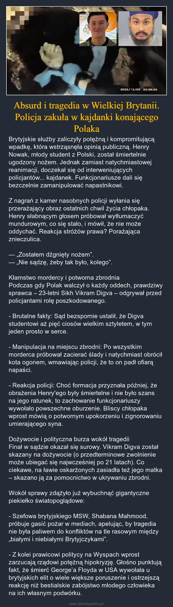 Absurd i tragedia w Wielkiej Brytanii. Policja zakuła w kajdanki konającego Polaka