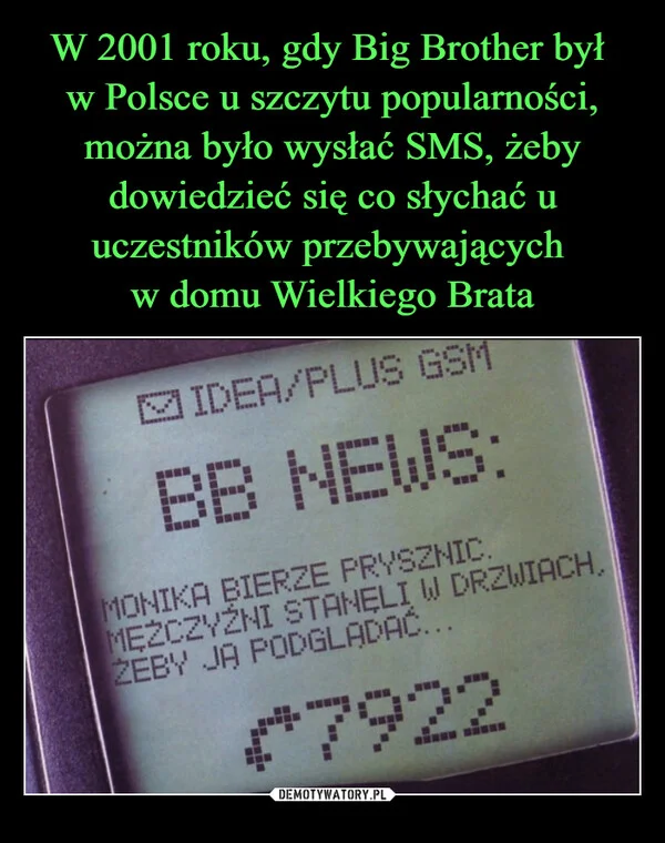 W 2001 roku, gdy Big Brother był w Polsce u szczytu popularności, można było wysłać SMS, żeby dowiedzieć się co słychać u uczestników przebywających w domu Wielkiego Brata
