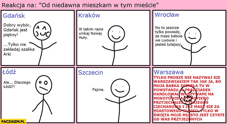 
    Reakcja na „od niedawna mieszkam w tym mieście”: Gdańsk, Kraków, Wrocław, Łódź, Szczecin, Warszawa