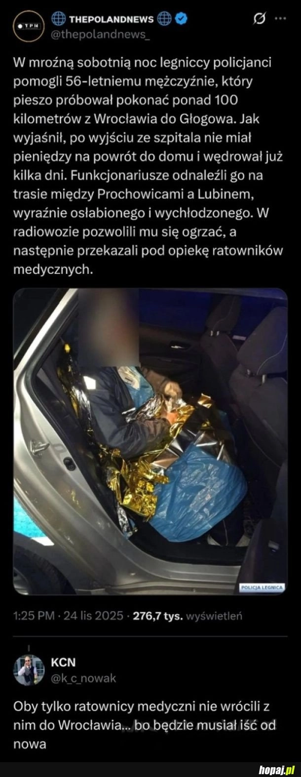 
    Policjanci pomogli mężczyźnie, który próbował pieszo pokonać ponad 100 km do domu