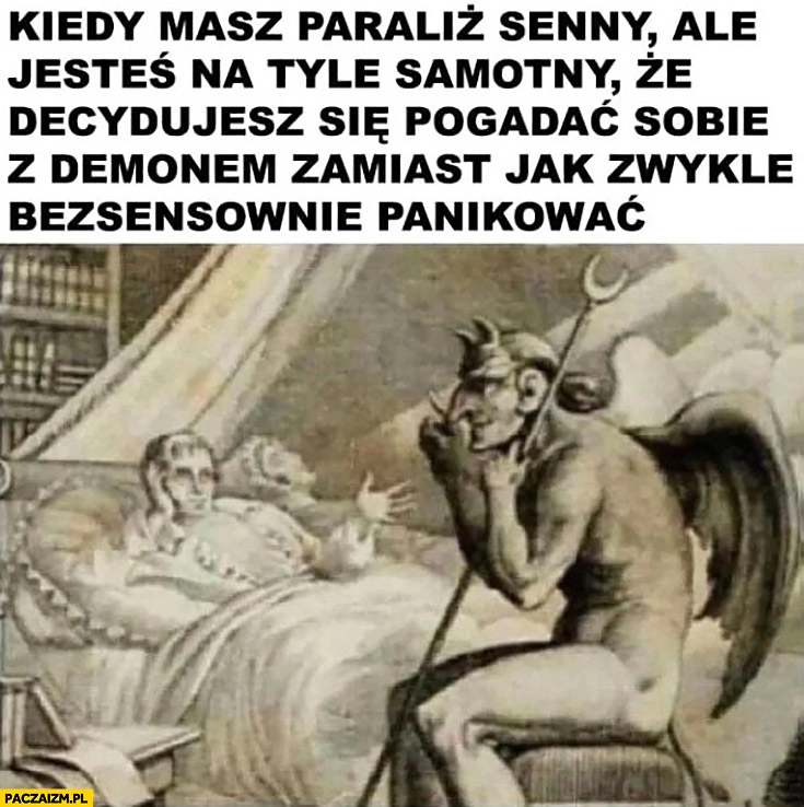 
    Kiedy masz paraliż senny ale jesteś na tyle samotny, że decydujesz się pogadać sobie z demonem zamiast jak zwykle bezsensownie panikować