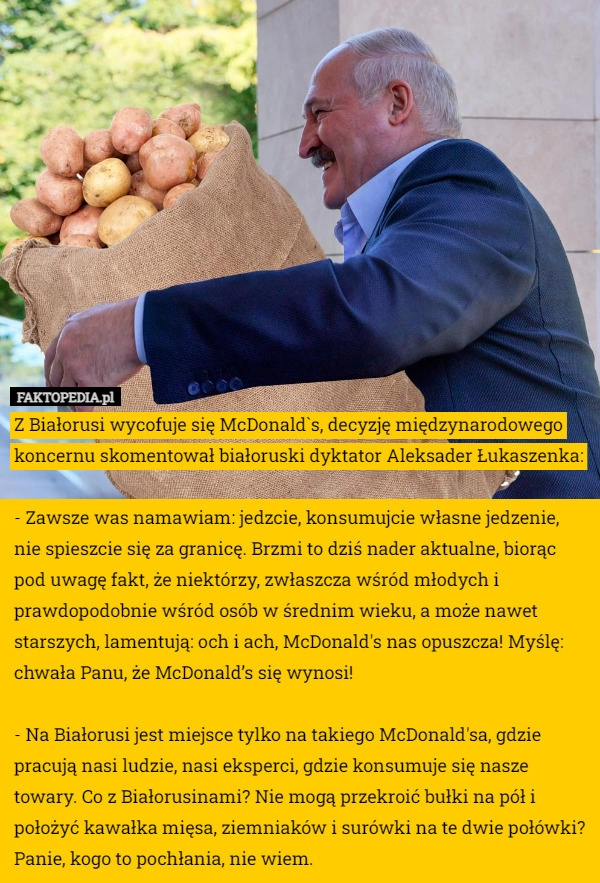 
    
			Z Białorusi wycofuje się McDonald`s, decyzję międzynarodowego koncernu skomentował					