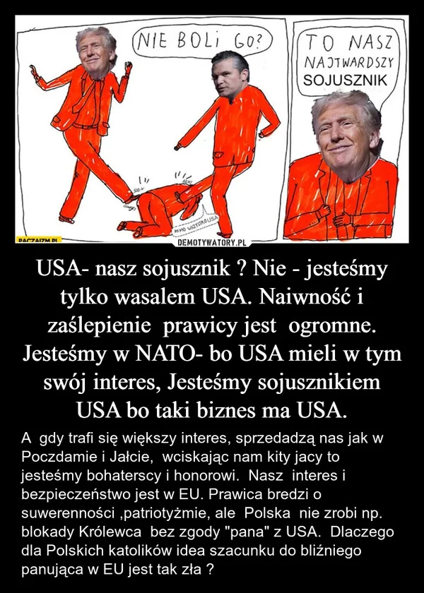 
    USA- nasz sojusznik ? Nie - jesteśmy tylko wasalem USA. Naiwność i zaślepienie prawicy jest ogromne. Jesteśmy w NATO- bo USA mieli w tym swój interes, Jesteśmy sojusznikiem USA bo taki biznes ma USA.