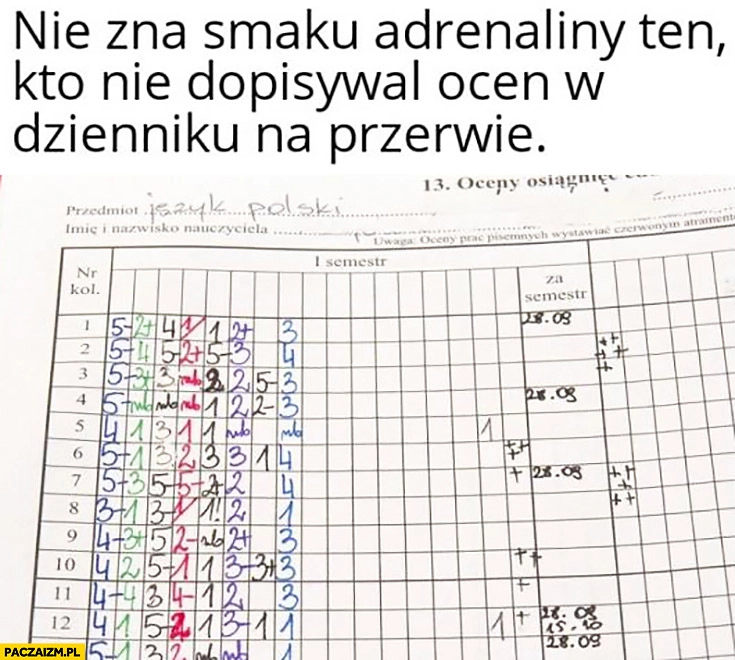 
    Nie zna smaku adrenaliny ten kto nie dopisywał ocen w dzienniku na przerwie