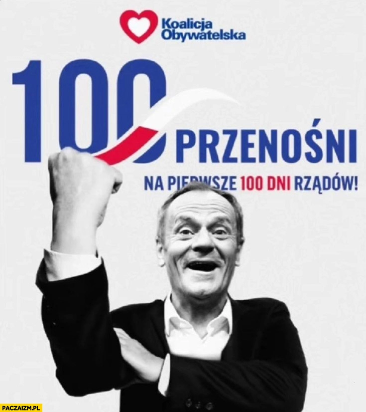 
    Tusk 100 przenośni na pierwsze 100 dni rządów 100 konkretów gest Kozakiewicza Koalicja Obywatelska